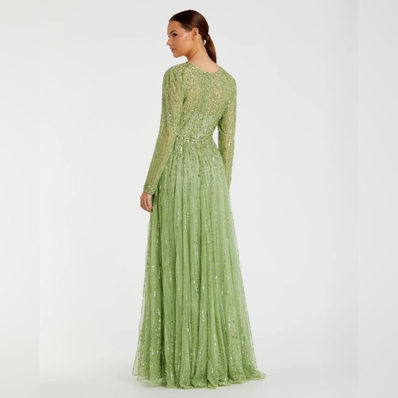 MAC DUGGAL 5636 NWT Green Sequined Illusion High Neck Long Sleeve Gown - Picture 3 of 7